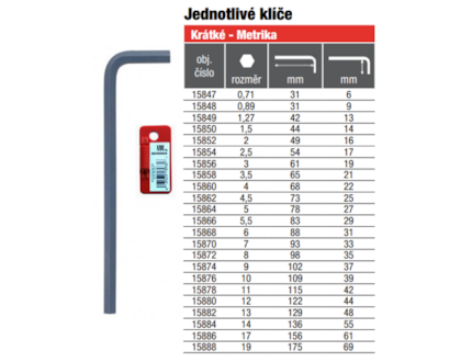 BONDHUS L-klíč 4.5mm krátký/karta 15862