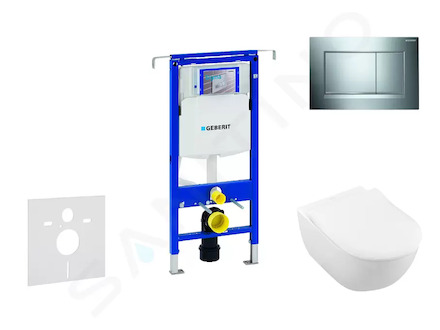 Geberit Duofix - Modul pro závěsné WC s tlačítkem Sigma30, lesklý chrom/chrom mat + Villeroy Boch - WC a sedátko, DirectFlush, S