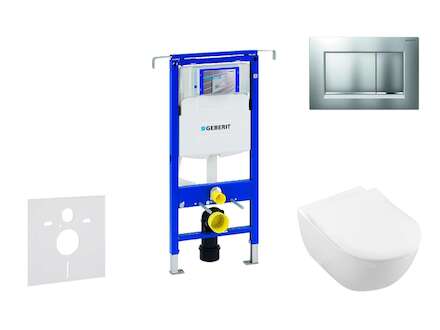Geberit Duofix - Modul pro závěsné WC s tlačítkem Sigma30, matný chrom/chrom + Villeroy Boch - WC a sedátko, DirectFlush, SoftCl