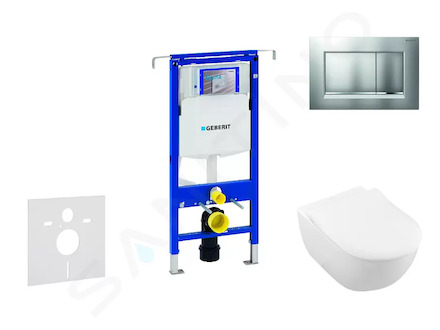 Geberit Duofix - Modul pro závěsné WC s tlačítkem Sigma30, matný chrom/chrom + Villeroy Boch - WC a sedátko, DirectFlush, SoftCl