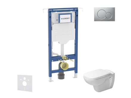 Geberit Duofix - Set předstěnové instalace, klozetu a sedátka Duravit D-Code, tlačítka Sigma01, Rimless, SoftClose, matný chrom 