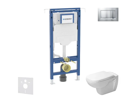 Geberit Duofix - Set předstěnové instalace, klozetu a sedátka Duravit D-Code, tlačítka Sigma20, Rimless, SoftClose, matný chrom/