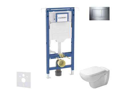 Geberit Duofix - Set předstěnové instalace, klozetu a sedátka Duravit D-Code, tlačítka Sigma30, Rimless, SoftClose, lesklý chrom