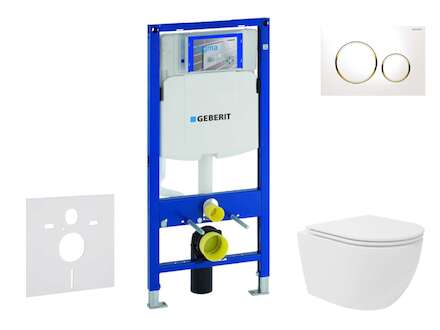 Geberit Duofix - Set předstěnové instalace, kompaktního klozetu Oudee Vortex a sedátka softclose, tlačítko Sigma20, bílá/pozlace