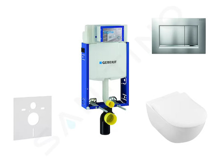 Geberit Kombifix - Modul pro závěsné WC s tlačítkem Sigma30, matný chrom/chrom + Villeroy Boch - WC a sedátko, DirectFlush, Soft