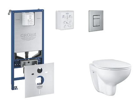 Grohe Rapid SLX - Set předstěnové instalace, klozetu, sedátka SoftClose a tlačítka Skate Cosmopolitan, kartáčovaná nerezová ocel