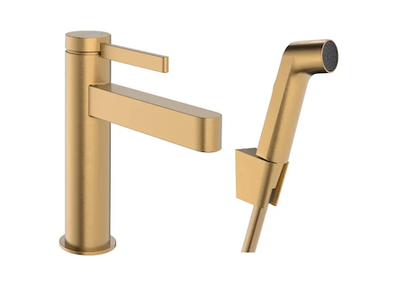 Hansgrohe Finoris - Umyvadlová baterie s výpustí Push-Open a bidetovou sprškou, EcoSmart, kartáčovaný bronz 76210140