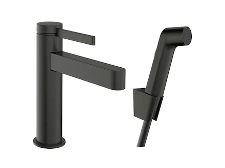 Hansgrohe Finoris - Umyvadlová baterie s výpustí Push-Open a bidetovou sprškou, EcoSmart, kartáčovaný černý chrom 76210340