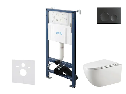 kielle Genesis New - Set předstěnové instalace, klozetu Gaia, Rimless, sedátka softclose a tlačítka Gemini New I, matná černá 30
