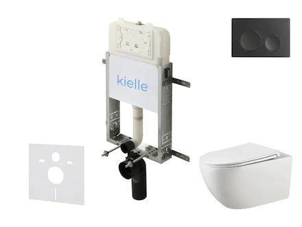 kielle Genesis New - Set předstěnové instalace, klozetu Gaia, Rimless, sedátka softclose a tlačítka Gemini New I, matná černá 30