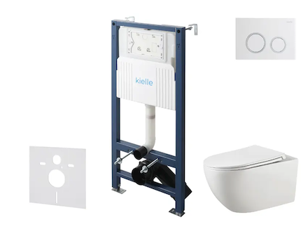 kielle Genesis New - Set předstěnové instalace, klozetu Gaia, Rimless, sedátka softclose a tlačítka Gemini New II, lesklá bílá/c