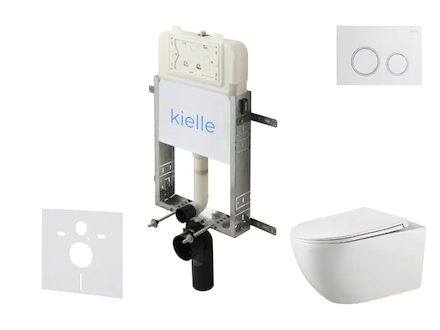 kielle Genesis New - Set předstěnové instalace, klozetu Gaia, Rimless, sedátka softclose a tlačítka Gemini New II, lesklá bílá/c