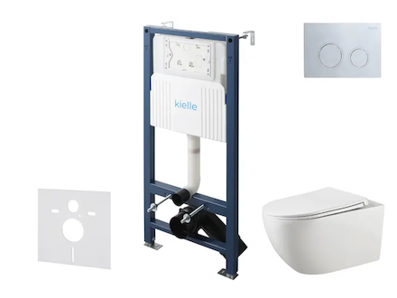 kielle Genesis New - Set předstěnové instalace, klozetu Gaia, Rimless, sedátka softclose a tlačítka Gemini New II, lesklý chrom 