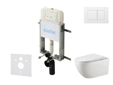 kielle Genesis New - Set předstěnové instalace, klozetu Gaia, Rimless, sedátka softclose a tlačítka Gemini New III, lesklá bílá 