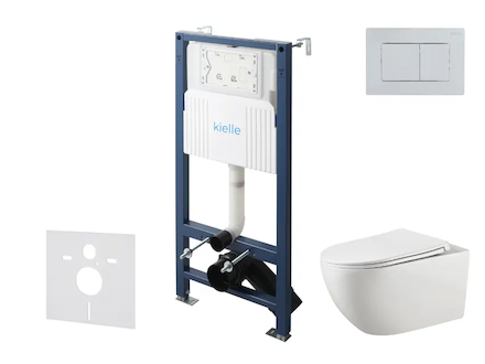 kielle Genesis New - Set předstěnové instalace, klozetu Gaia, Rimless, sedátka softclose a tlačítka Gemini New III, lesklý chrom