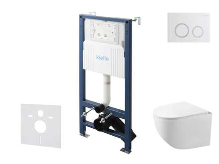 kielle Genesis New - Set předstěnové instalace, kompaktního klozetu Gaia, Rimless, sedátka softclose a tlačítka Gemini New II, l