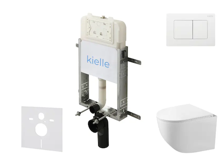 kielle Genesis New - Set předstěnové instalace, kompaktního klozetu Gaia, Rimless, sedátka softclose a tlačítka Gemini New III, 