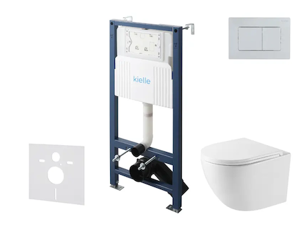 kielle Genesis New - Set předstěnové instalace, kompaktního klozetu Oudee, Vortex Rimless+, sedátka softclose a tlačítka Gemini 