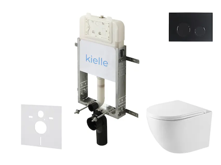 kielle Genesis New - Set předstěnové instalace, kompaktního klozetu Oudee, Vortex Rimless+, sedátka softclose a tlačítka Gemini 