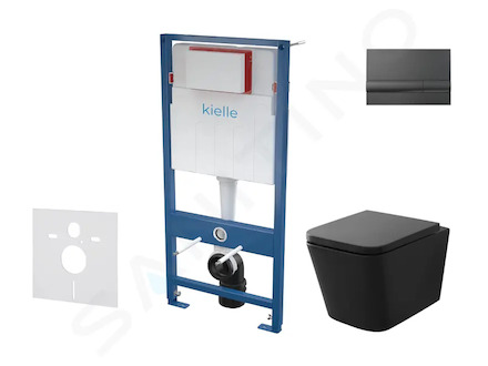 kielle Genesis - Set předstěnové instalace, klozetu Arkas I, sedátka softclose a tlačítka Gemini I, lesklá černá 30505SS10