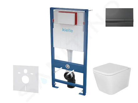 kielle Genesis - Set předstěnové instalace, klozetu Arkas I, sedátka softclose a tlačítka Gemini I, lesklá černá 30505SS39