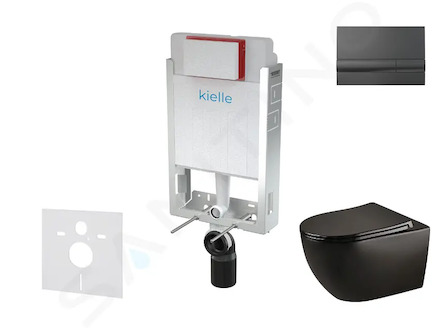 kielle Genesis - Set předstěnové instalace, klozetu Gaia, sedátka softclose a tlačítka Gemini I, lesklá černá 30505SZ46