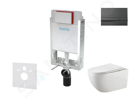 kielle Genesis - Set předstěnové instalace, klozetu Gaia, sedátka softclose a tlačítka Gemini I, lesklá černá 30505SZ53
