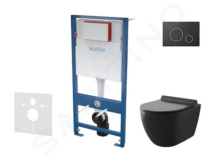 kielle Genesis - Set předstěnové instalace, klozetu Gaia, sedátka softclose a tlačítka Gemini II, matná černá / chrom 30505SS09
