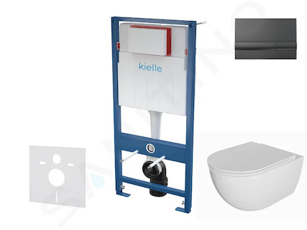 kielle Genesis - Set předstěnové instalace, klozetu Oudee, sedátka softclose a tlačítka Gemini I, lesklá černá 30505SS74