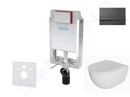 kielle Genesis - Set předstěnové instalace, klozetu Oudee, sedátka softclose a tlačítka Gemini I, lesklá černá 30505SZ74