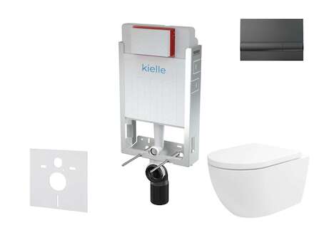 kielle Genesis - Set předstěnové instalace, klozetu Oudee Vortex, sedátka softclose a tlačítka Gemini I, lesklá černá 30505SZ81