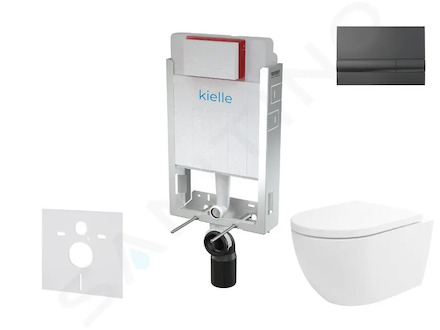 kielle Genesis - Set předstěnové instalace, klozetu Oudee Vortex, sedátka softclose a tlačítka Gemini I, lesklá černá 30505SZ81