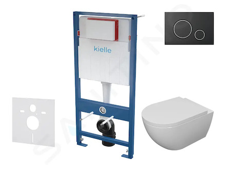 kielle Genesis - Set předstěnové instalace, klozetu se sedátkem softclose a tlačítka Gemini II, matná černá / chrom 30505SS18