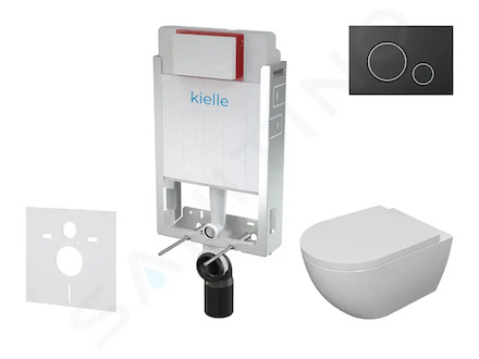kielle Genesis - Set předstěnové instalace, klozetu se sedátkem softclose a tlačítka Gemini II, matná černá / chrom 30505SZ18