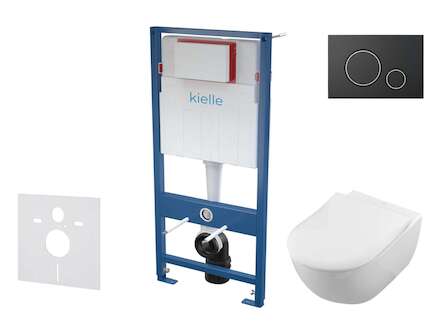 kielle Genesis - Set předstěnové instalace, klozetu Subway a sedátka softclose, CeramicPlus, tlačítko Gemini ll, matná černá/chr