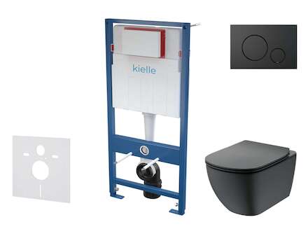 kielle Genesis - Set předstěnové instalace, klozetu Tesi a sedátka softclose, Aquablade, tlačítko Gemini lV, matná černá SANI11A