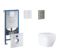 Grohe Rapid SLX - Set předstěnové instalace, klozetu, sedátka SoftClose a tlačítka Skate Cosmopolitan, Triple Vortex, kartáčovan
