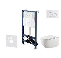 kielle Genesis New - Set předstěnové instalace, klozetu Gaia, Rimless, sedátka softclose a tlačítka Gemini New II, lesklá bílá/c